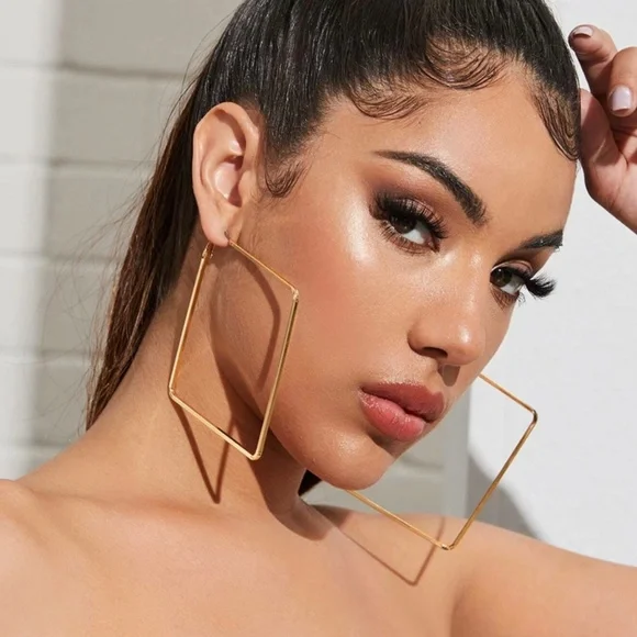 Square Large Hoops Gold Tone Earrings - Picture 1 of 5